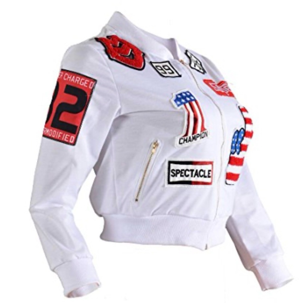 White Patchwork Bomber Jacket With Americana Patc… - image 2